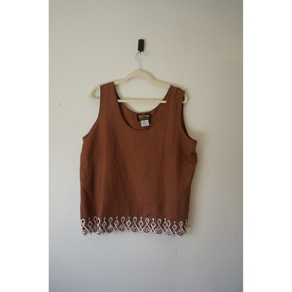 Bob Mackie Wearable Art Tops - Bob Mackie Tank Top Linen Blend Embroidered Scalloped Hem Lagenlook Brown XL